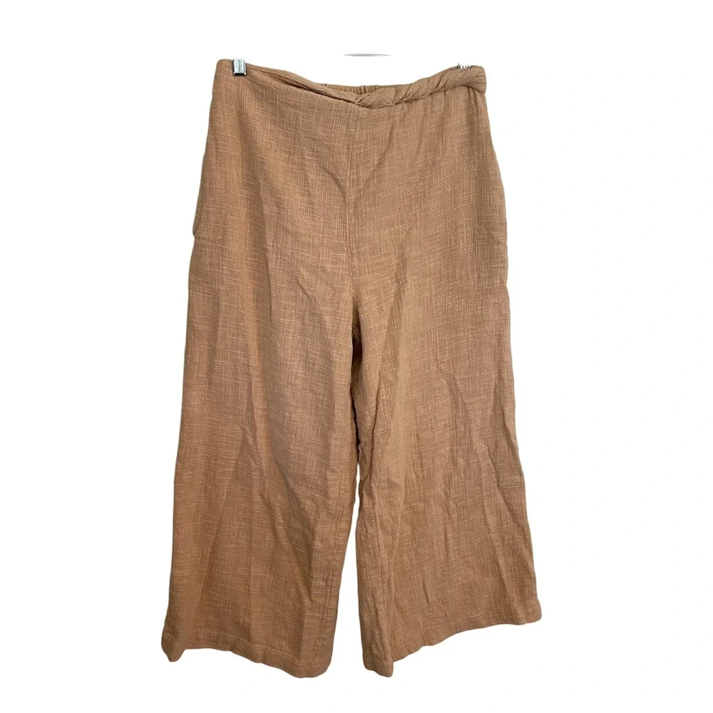 Free People Tan Textured Cotton Wide Leg Pants Twisted Waist Boho Small